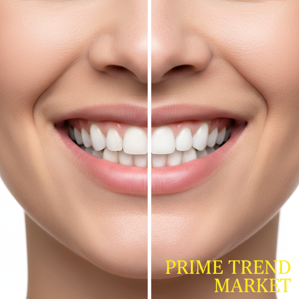 Before and after teeth whitening comparison showing stained yellow teeth vs brilliantly white teeth