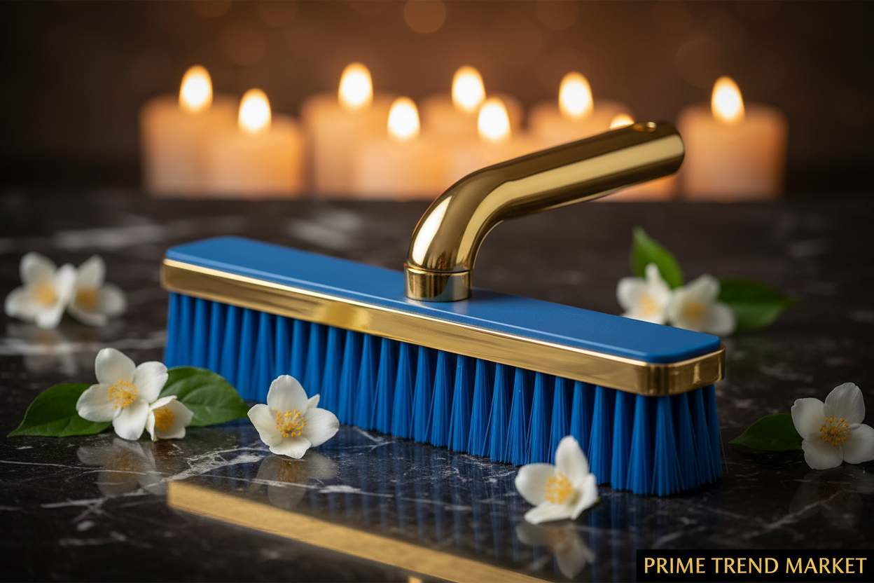 Blue swimming pool cleaning brush luxury editorial on black marble