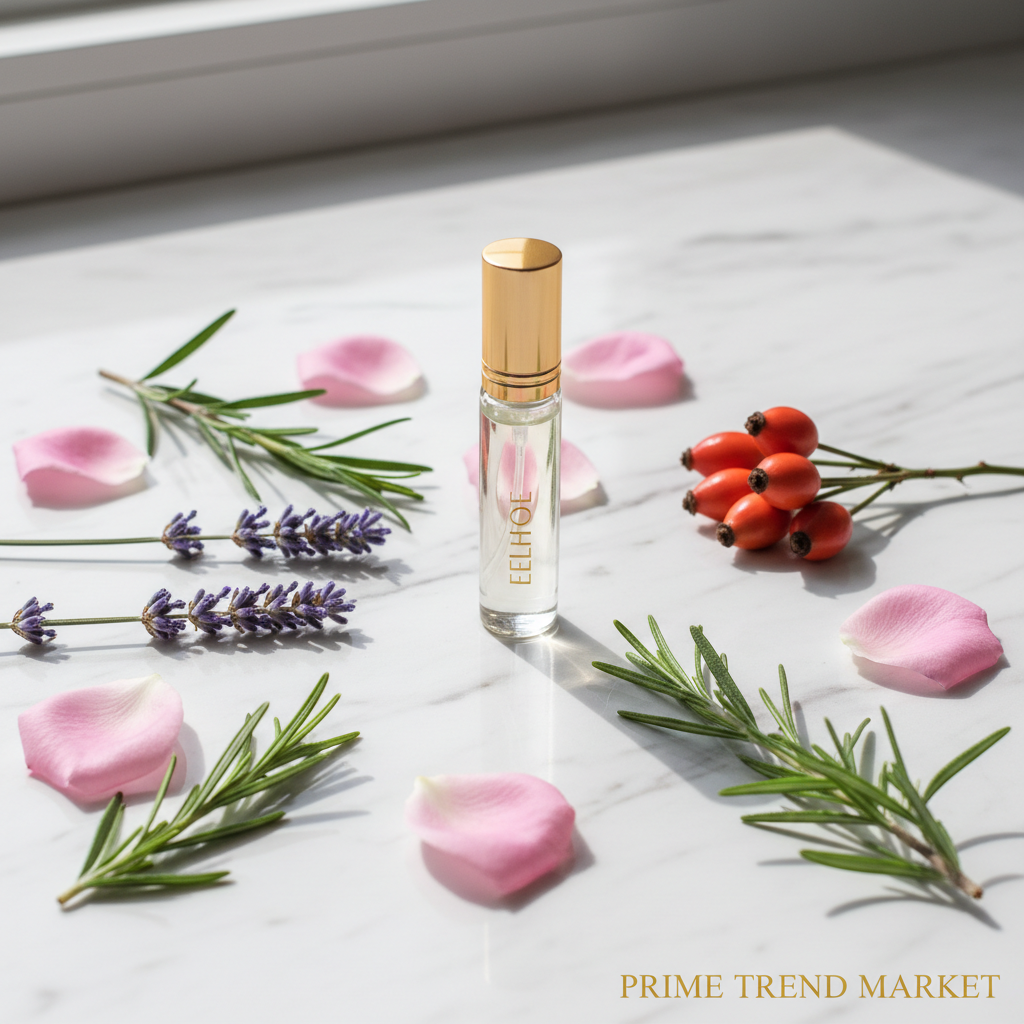 EELHOE Lavender Rosehip Floral Niche Roller Perfume on white marble with botanicals - Prime Trend Market