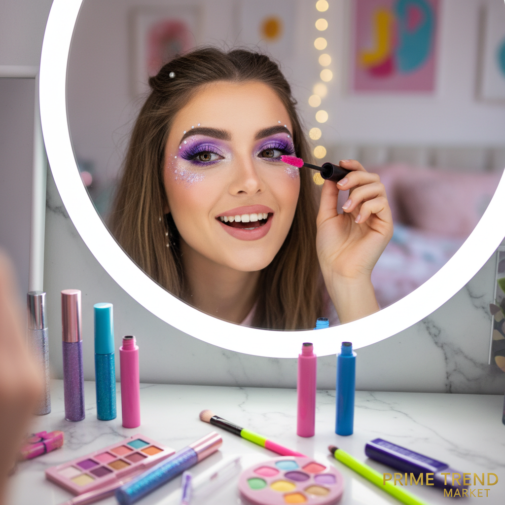 Young woman applying colorful pink mascara with bold lashes and fun Gen Z beauty look