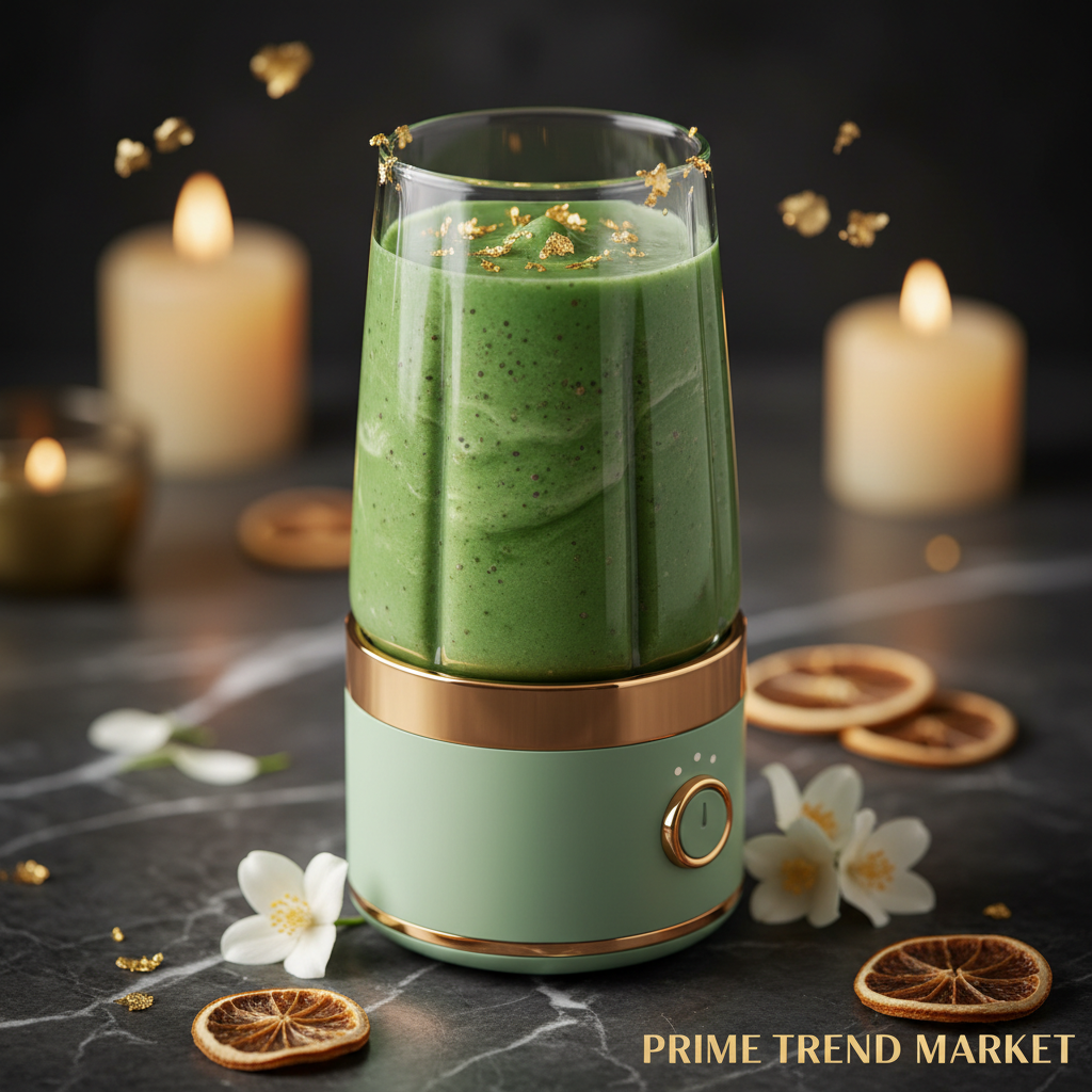 Close-up of luxury light green portable juice blender with green smoothie on dark marble with jasmine petals