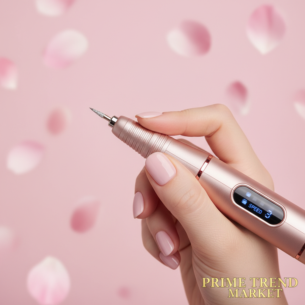 Woman filing nails with rose gold portable electric nail drill on soft pink bokeh background