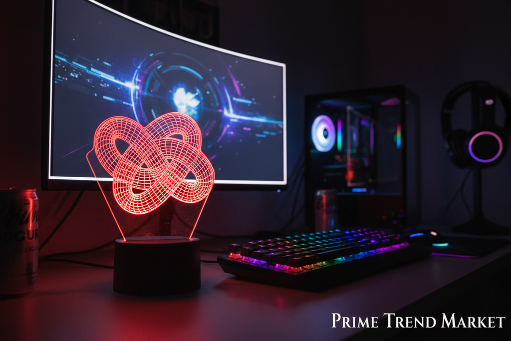3D optical illusion LED knot lamp red orange glow on gaming desk RGB setup dark room
