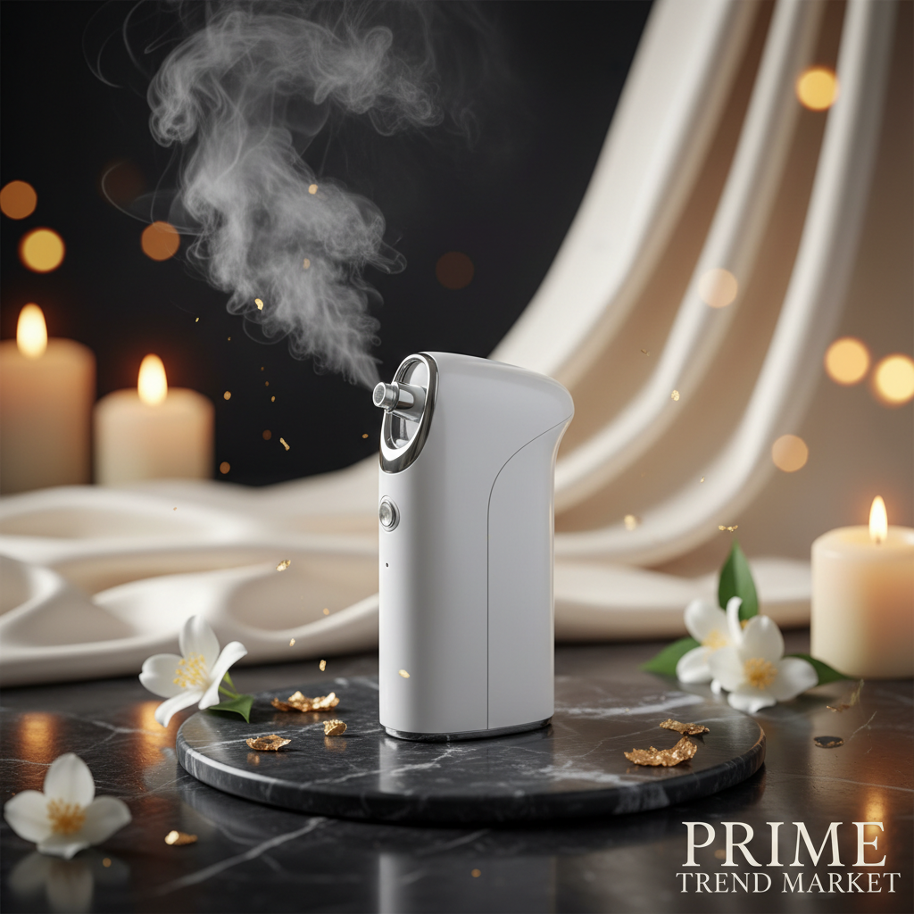 NanoMist facial sprayer on dark marble with jasmine flowers and gold leaf