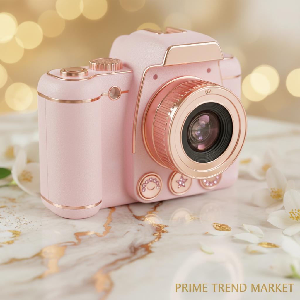 KidShot pink camera lens close-up on cream marble