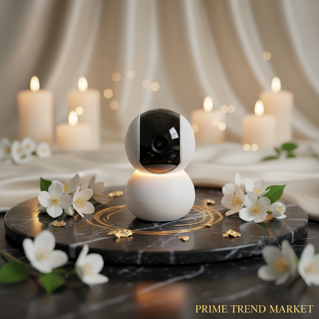 NestCam 1080P Baby Monitor on dark marble with jasmine and gold