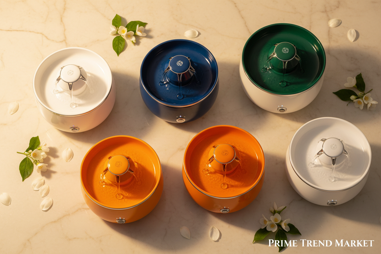 All 6 color variants of luxury automatic cat water fountain flat lay on cream ivory marble with jasmine petals