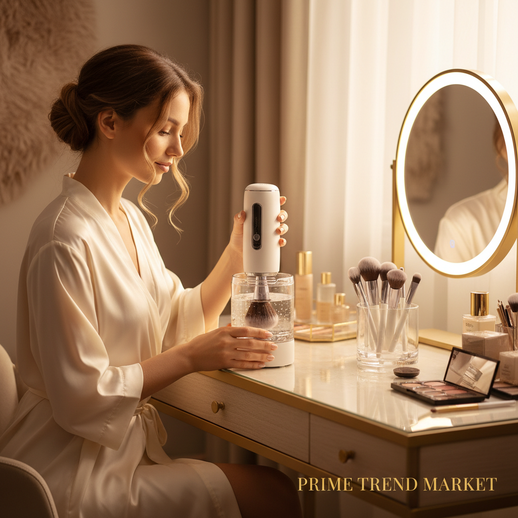 Woman using electric makeup brush cleaner machine on vanity table