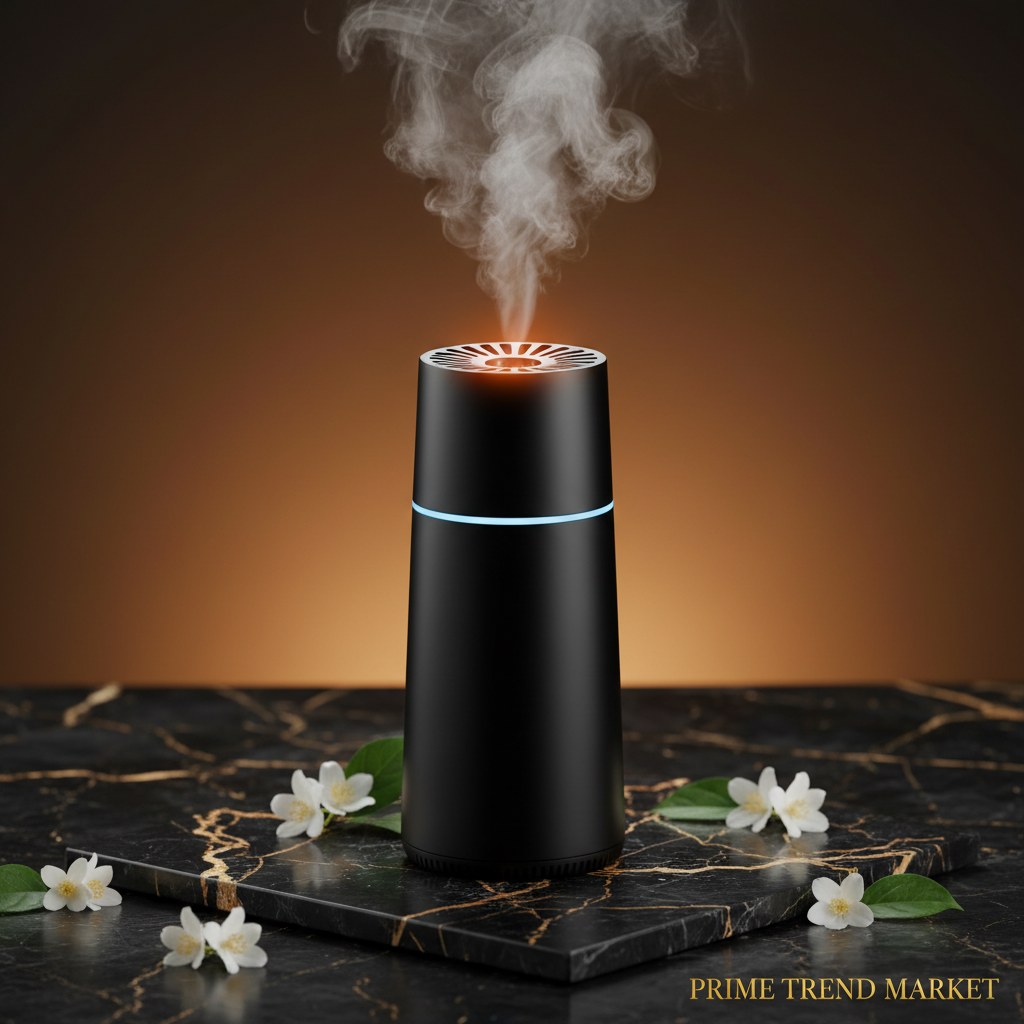 Close-up hero shot of black USB car air purifier with ozone mist glow on black marble - Prime Trend Market