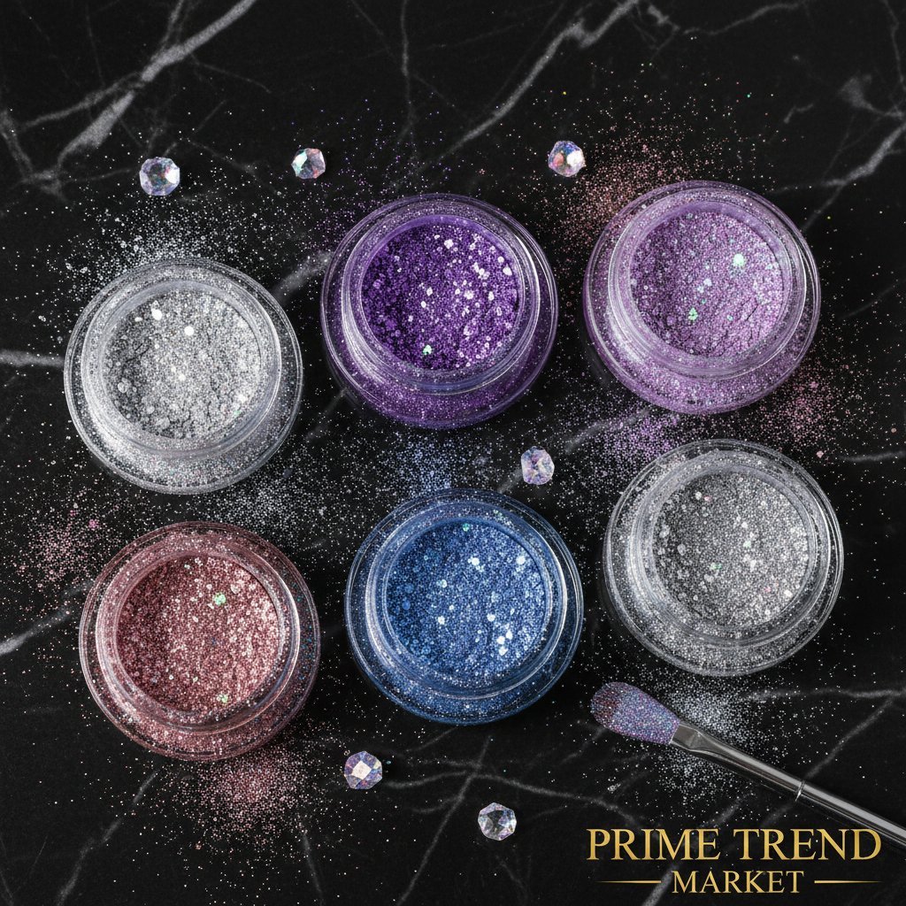 Crystal Diamond Nail Powder — Black Marble Flat Lay 6 Shades