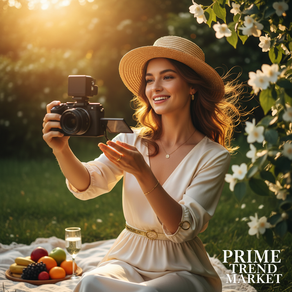 Content creator using 270° vlog camera in selfie mode at golden hour — Prime Trend Market