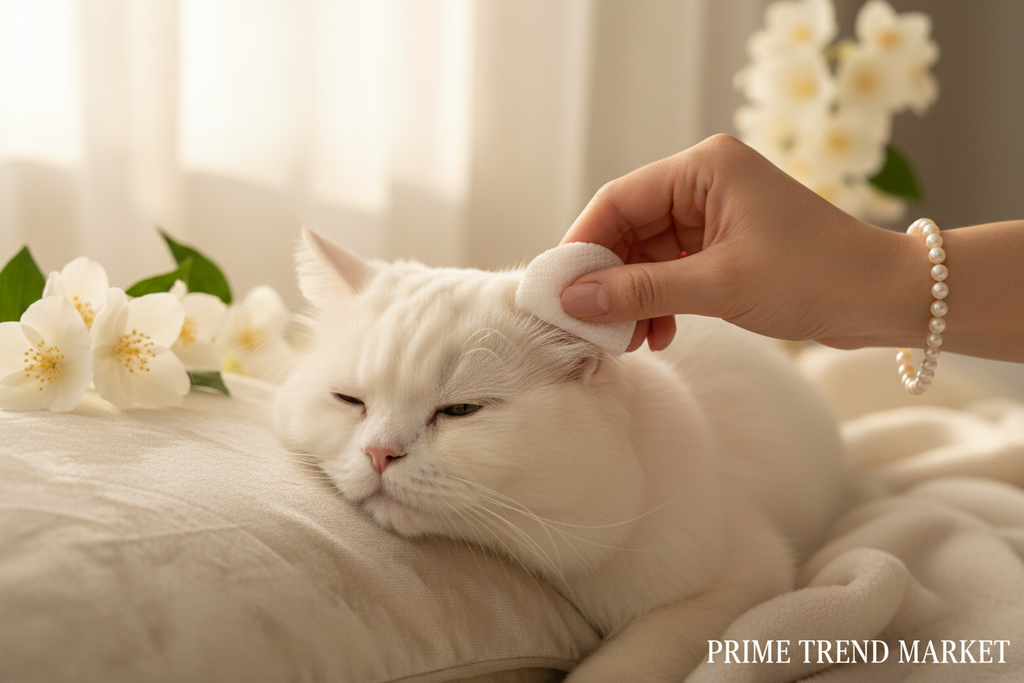 Cleaning cat ear with disposable fingertip wipe