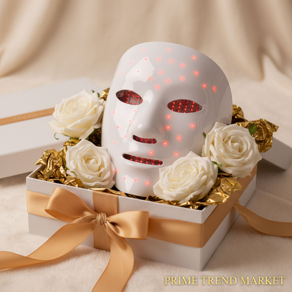 LED red light therapy face mask in luxury gift box with gold ribbon and white roses — Prime Trend Market