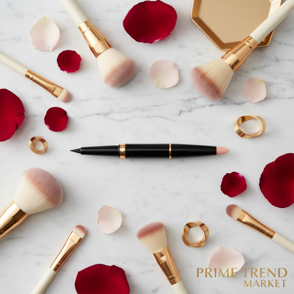 4-in-1 multifunctional makeup pen flat lay black marble gold accents beauty editorial