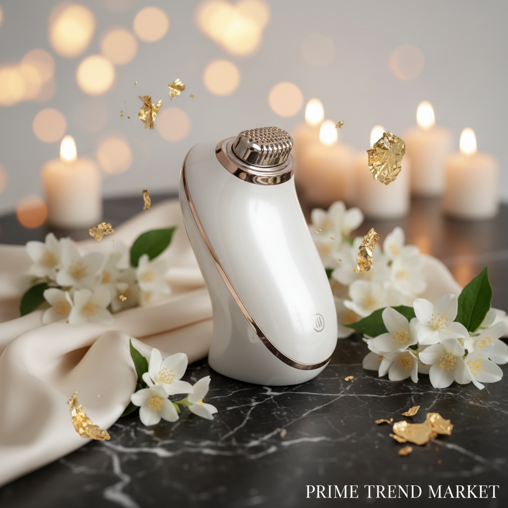 Luxury Facial Beauty Instrument on black marble with jasmine and gold accents