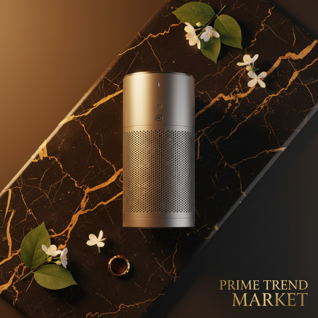 Top-down flat lay of silver gray air purifier on black marble with gold leaf and jasmine - Prime Trend Market
