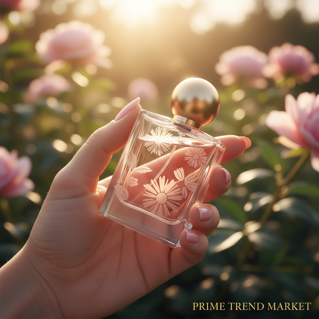 Woman holding floral perfume bottle in golden hour light