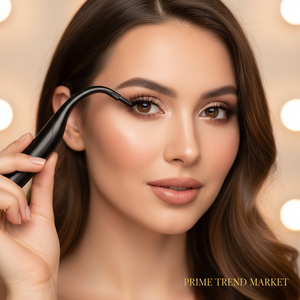 Woman using electric heated eyelash curler dramatic curled lashes glam beauty lifestyle