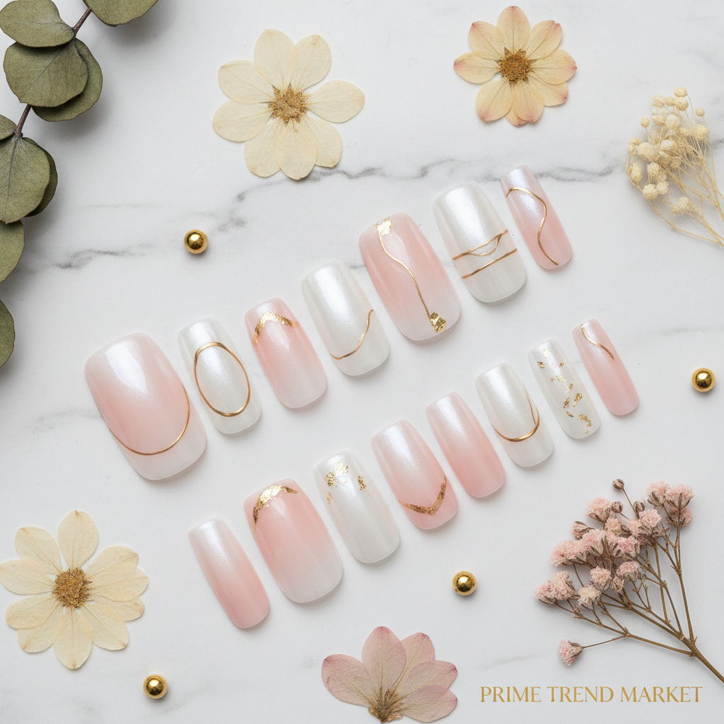 Pearl White Gradient Press-On Nails — Flat Lay