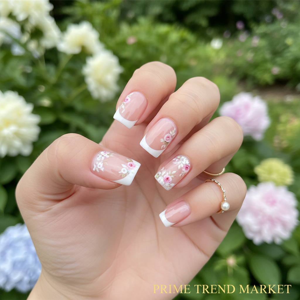 Hand wearing French flower press-on nails in garden setting