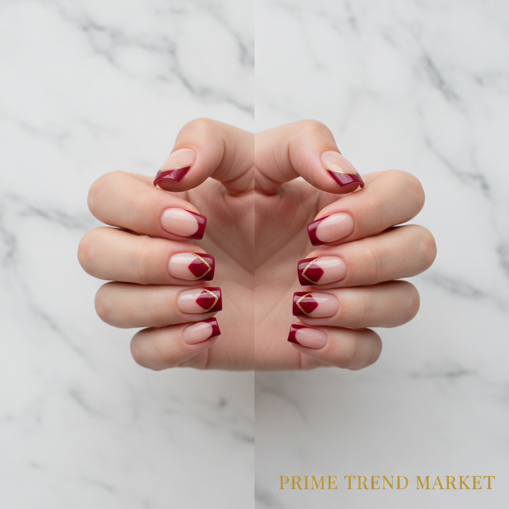 Before and after press on nail transformation wine red French tip