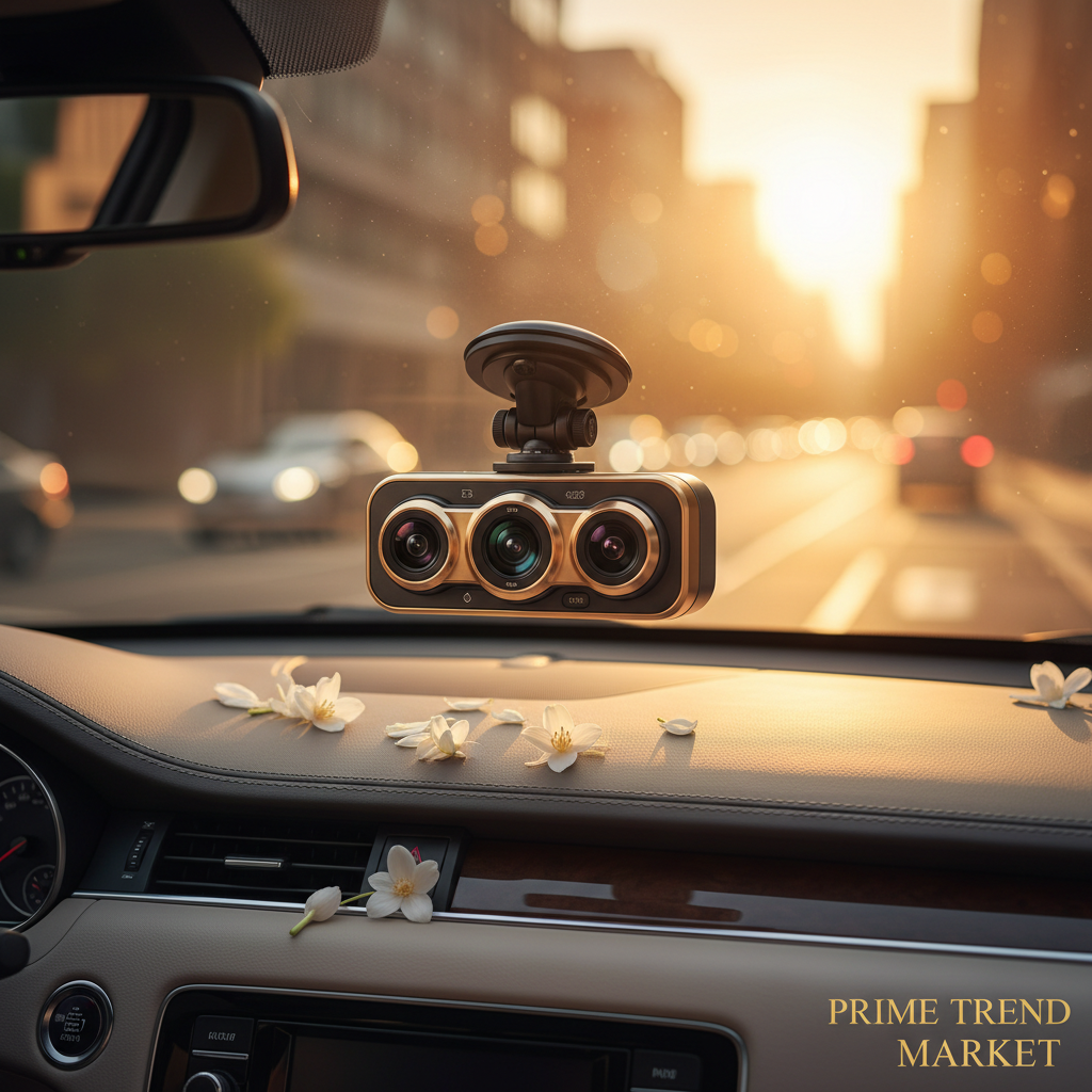 Triple Lens Dash Cam mounted on windshield at golden hour — Prime Trend Market