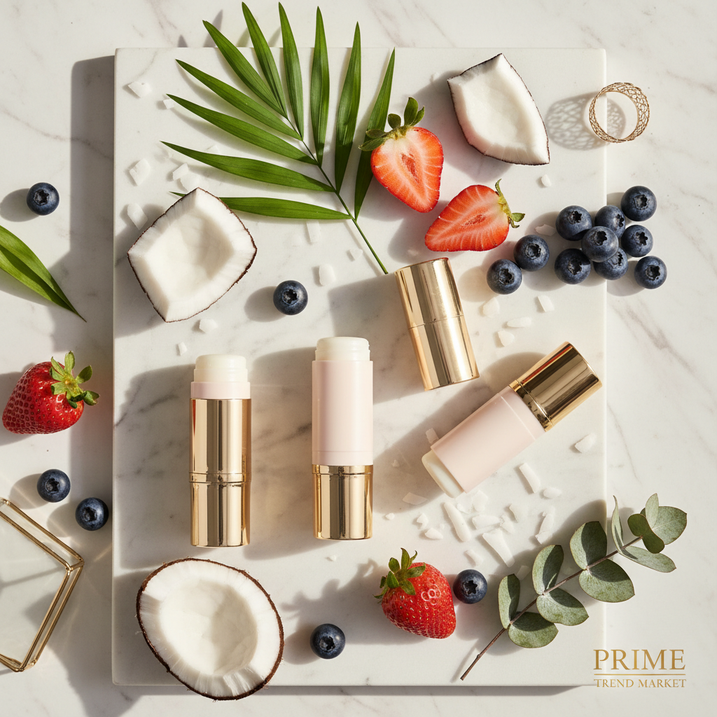 Solid balm sticks with fruits on marble flatlay