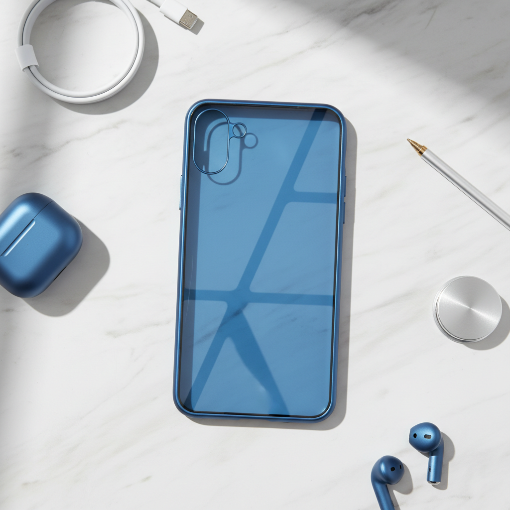 Blue privacy magnetic glass phone case flatlay on white marble