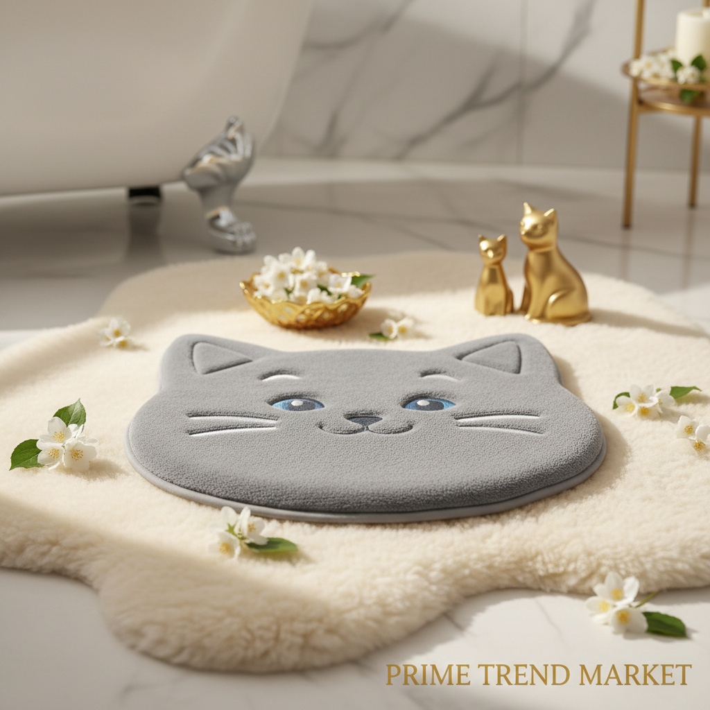 Premium grey cat character litter mat on cream ivory surface with jasmine flowers