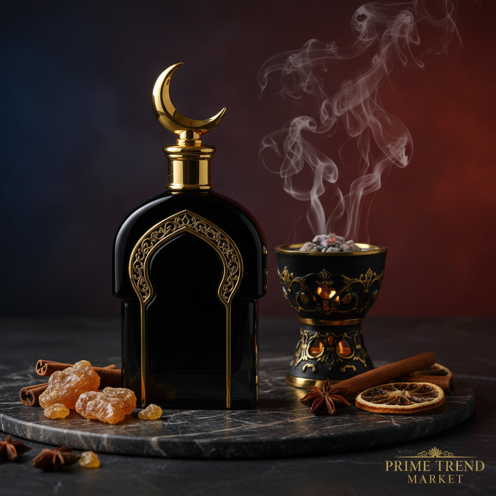 Middle Eastern oud perfume black and gold on dark marble with incense - Prime Trend Market