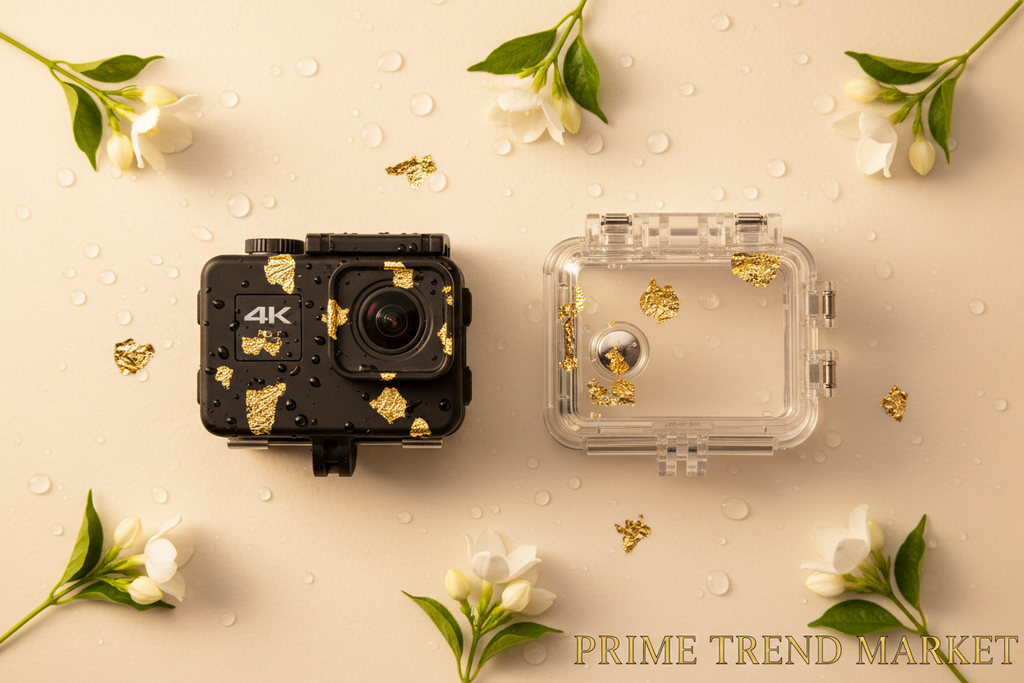 Black 4K waterproof action camera flat lay with waterproof cover, jasmine flowers and gold accents on cream surface