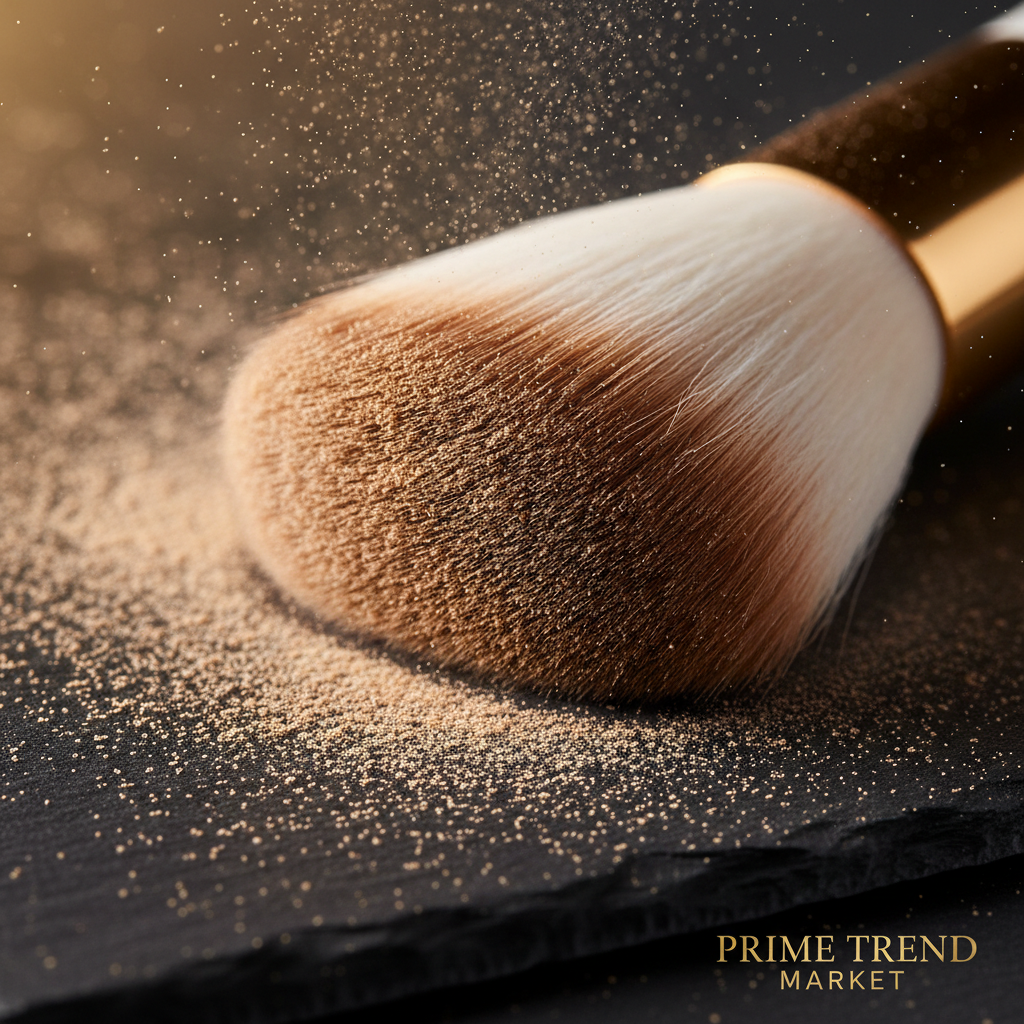 Close-up of dense flat foundation brush bristles with loose powder