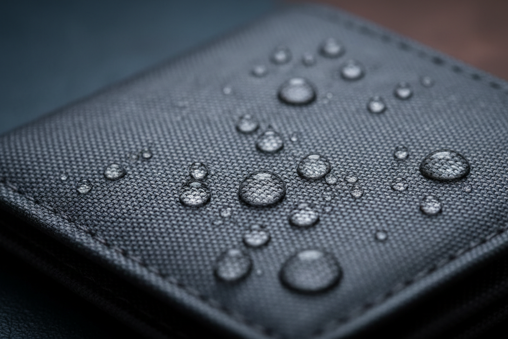 Close-up water-repellent fabric texture with water droplets