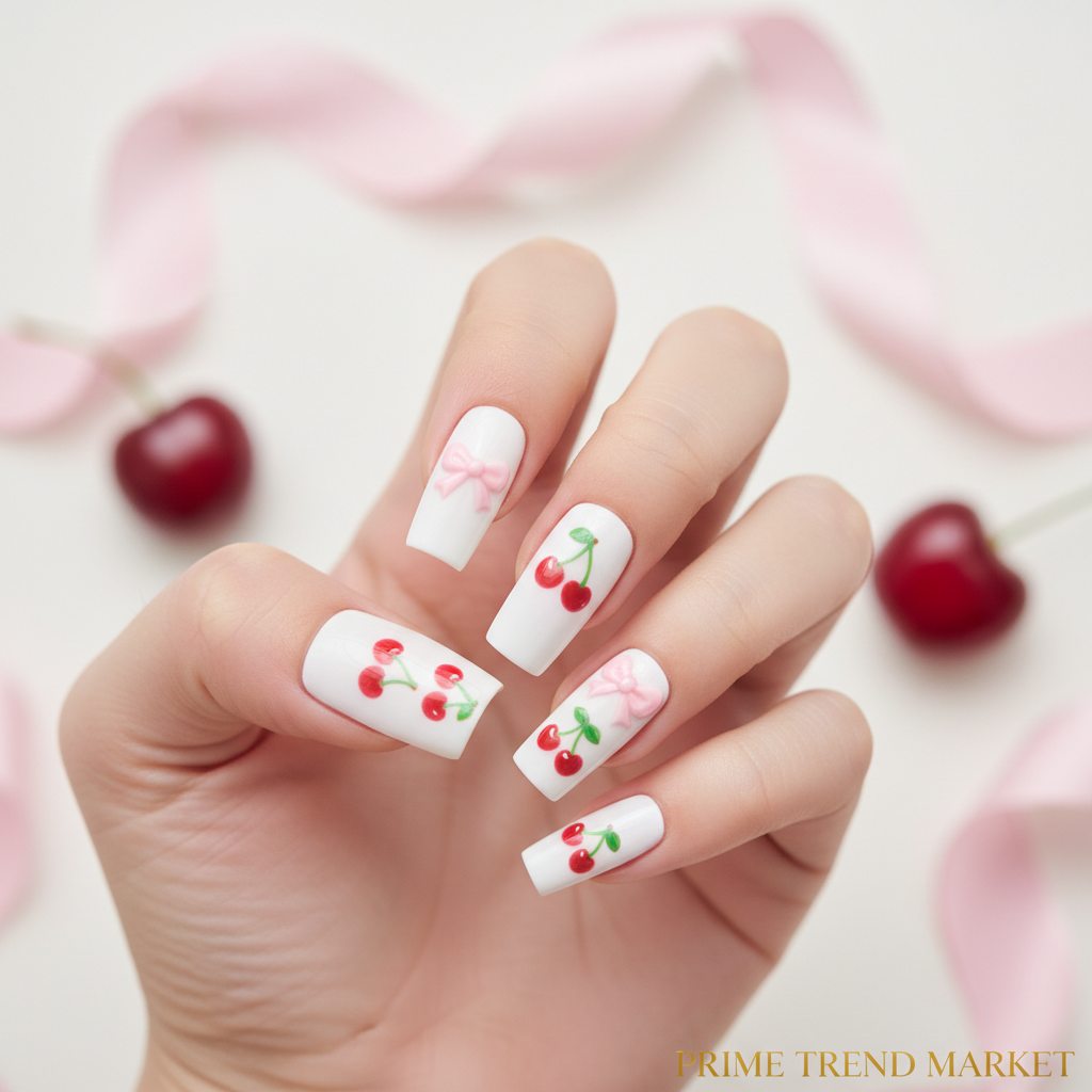 Hand wearing long square cherry bow nail art press-on nails with summer pink ribbon bokeh background