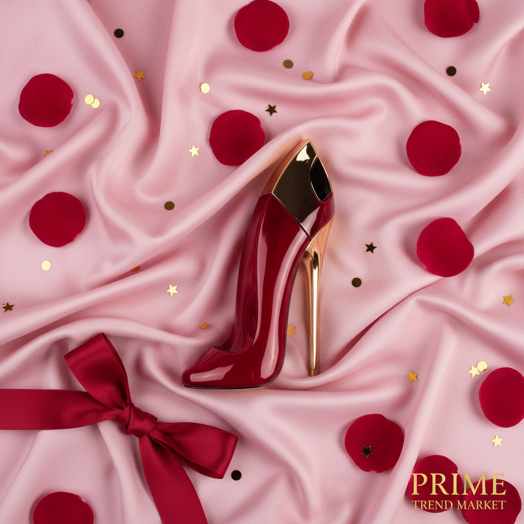 Flat lay of red high-heel perfume on pink satin with rose petals and gold confetti