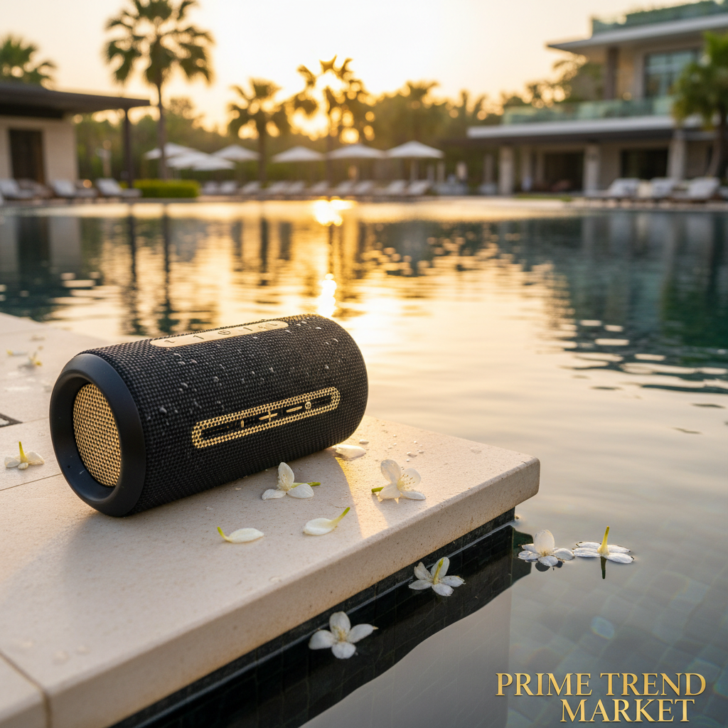 IPX4 waterproof fabric Bluetooth speaker outdoor lifestyle luxury shot — Prime Trend Market