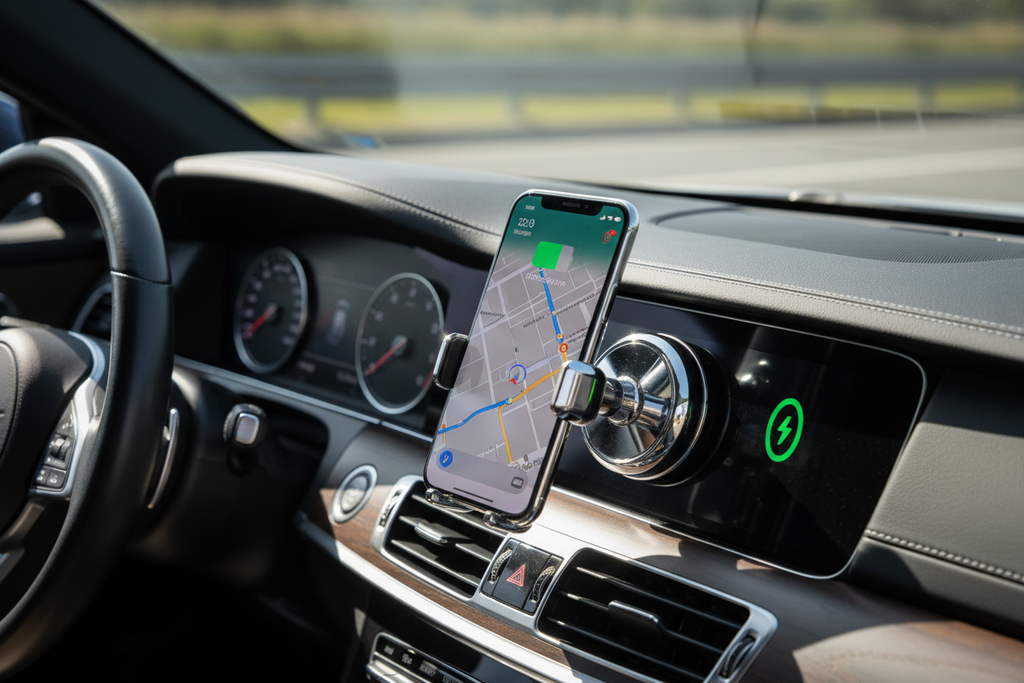 iPhone wirelessly charging on car mount while driving