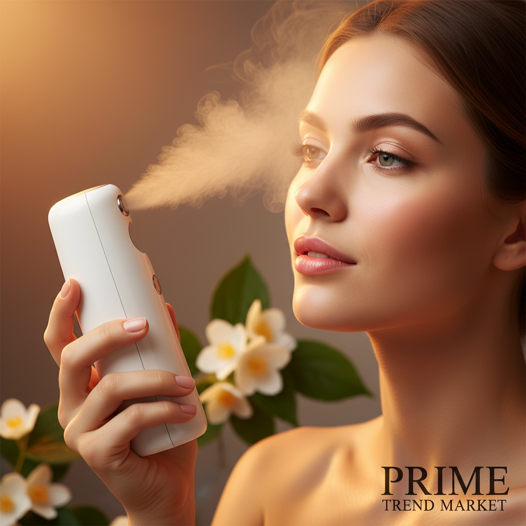Woman holding nano facial mister spraying ultra-fine mist on glowing skin - Prime Trend Market