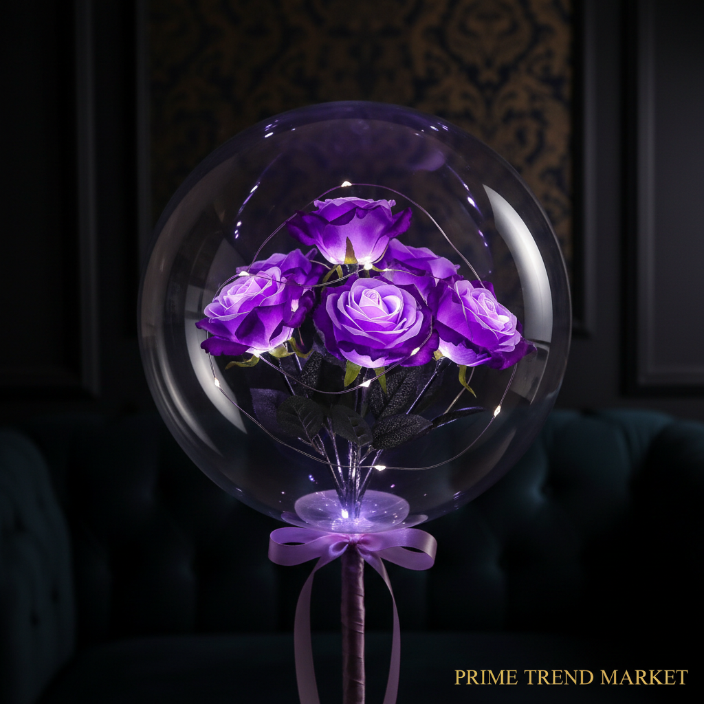 Close-Up Purple LED Luminous Rose Bouquet Crystal Clear Bobo Balloon Luxury Gift — Prime Trend Market