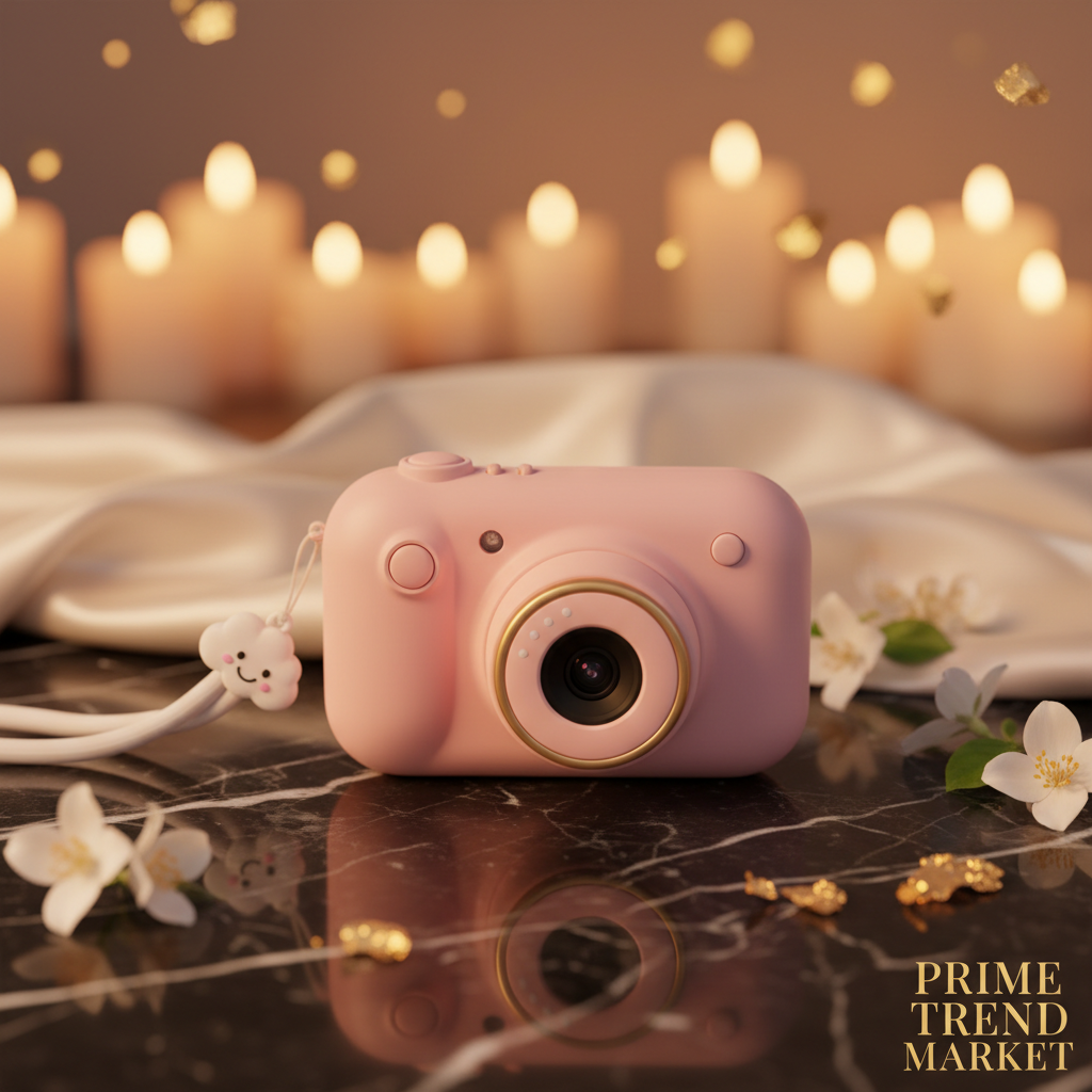 Pink kids digital camera on black marble with jasmine flowers and gold accents — Prime Trend Market