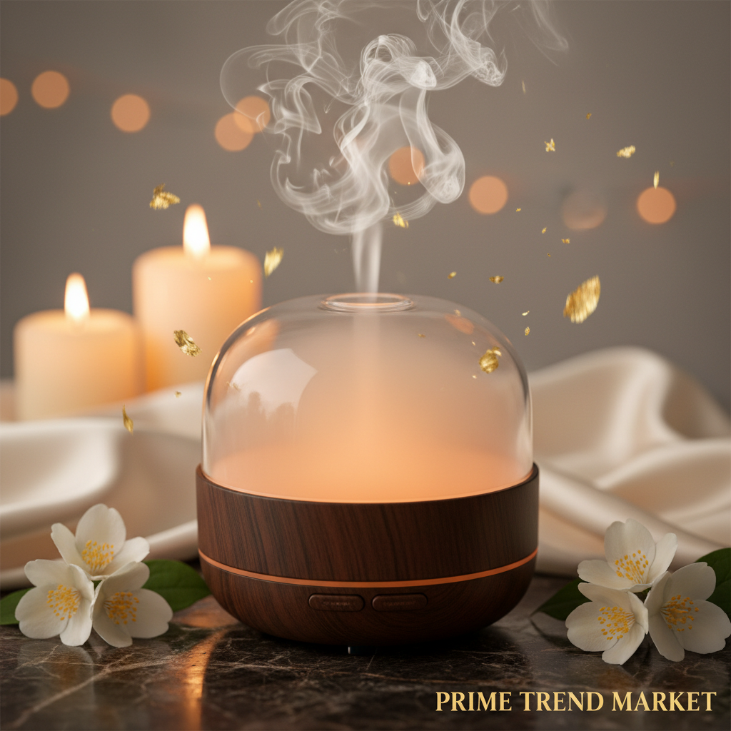 Luxury solid wood glass aroma diffuser close-up with warm mist gold leaf and jasmine on dark marble