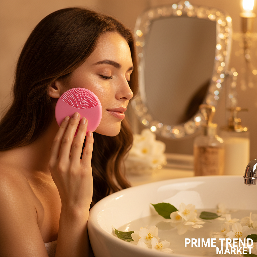 Luxury 5-in-1 Silicone Facial Cleansing Device lifestyle in-use on glowing cheek with golden spa lighting