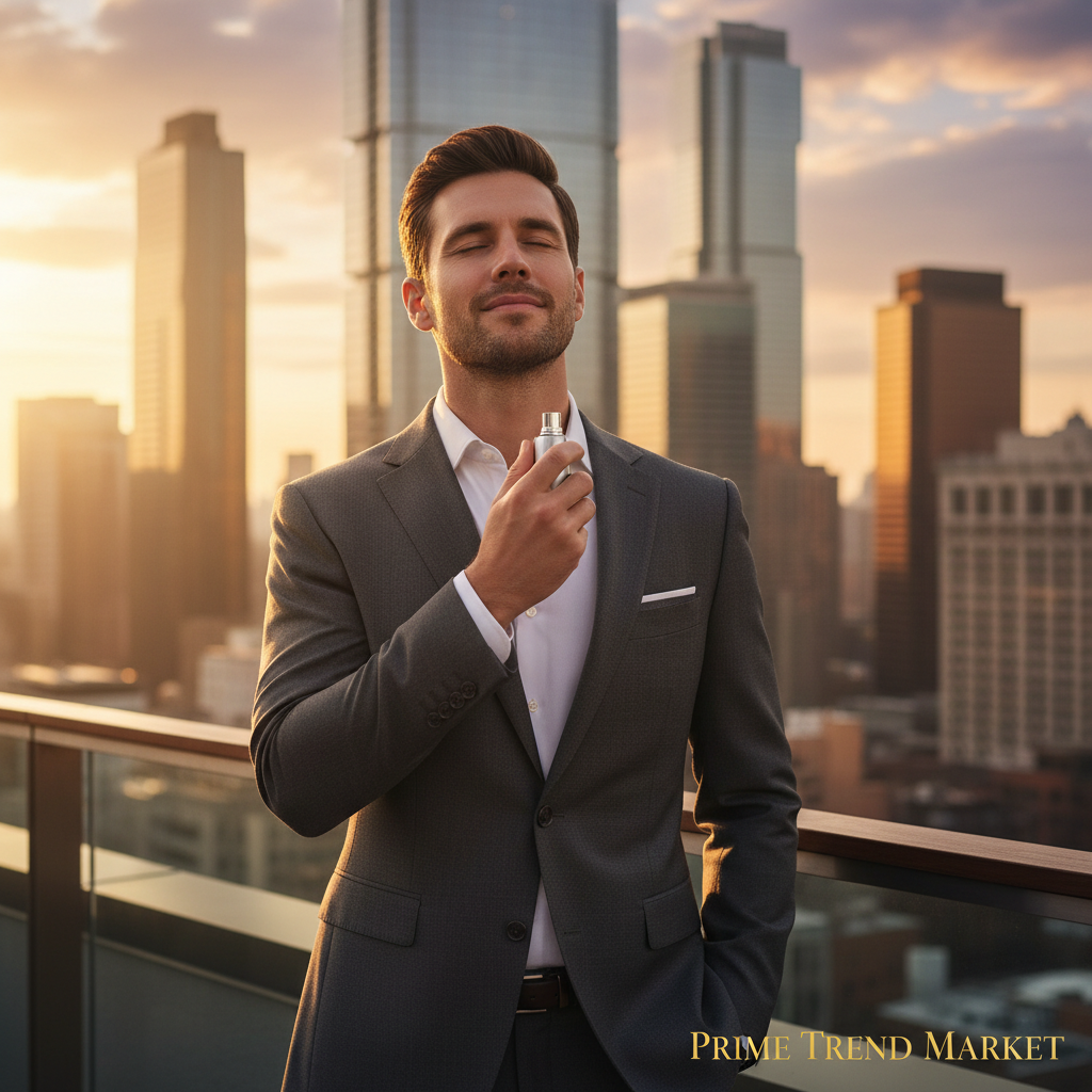 Confident man in suit applying cologne with city skyline background