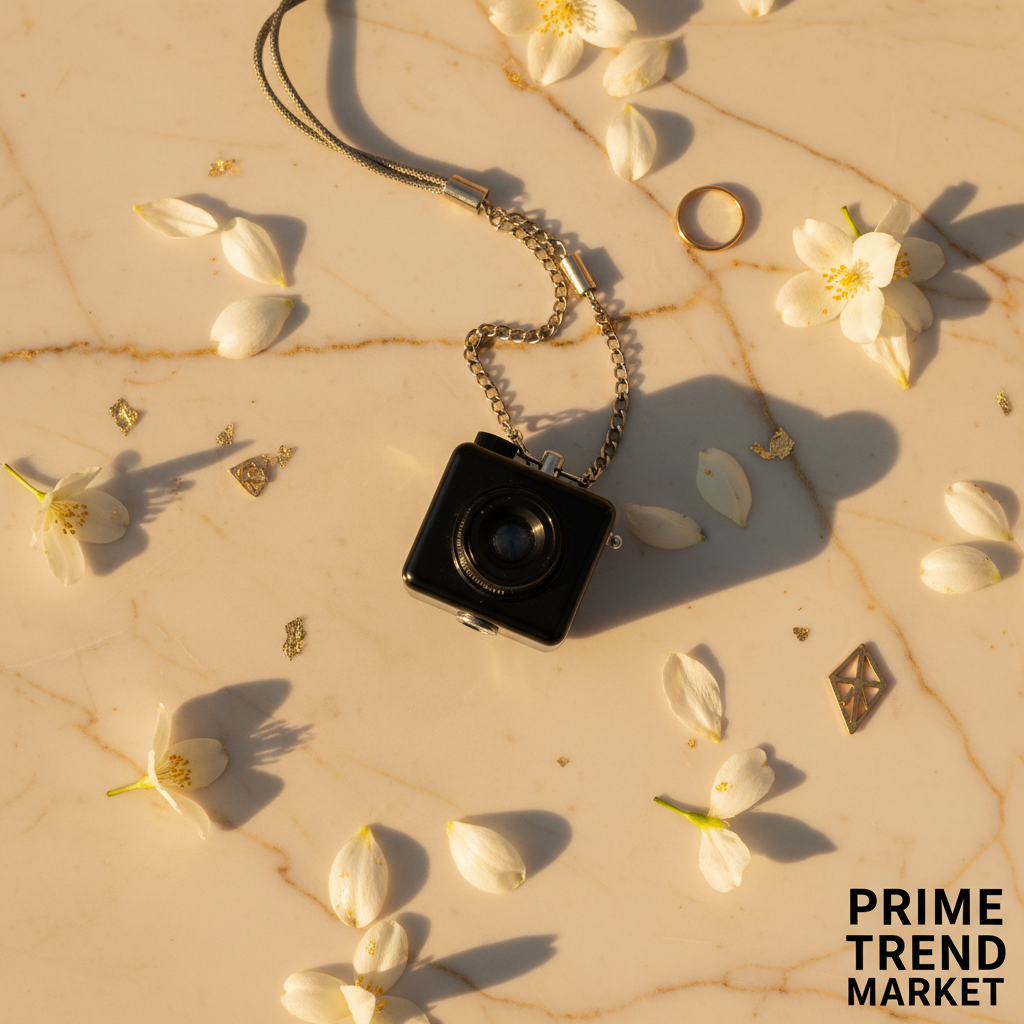 RetroShot flat lay with metal chain on ivory marble