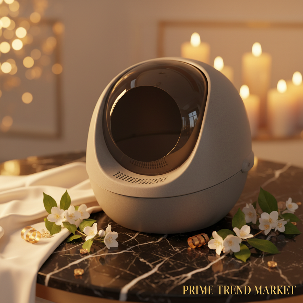 Premium fully enclosed grey cat litter box on dark marble with jasmine flowers and gold accents