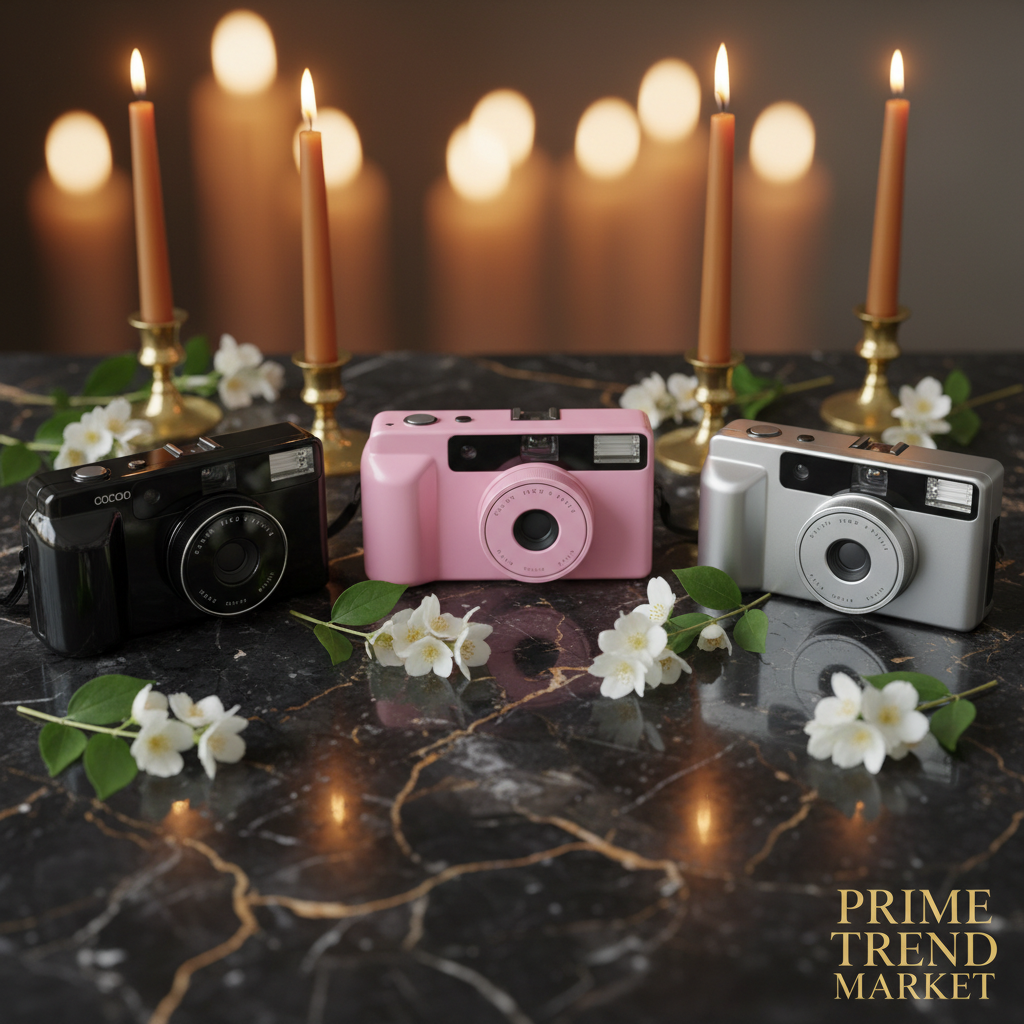 RetroSnap CCD Camera all colors flat lay luxury product photography