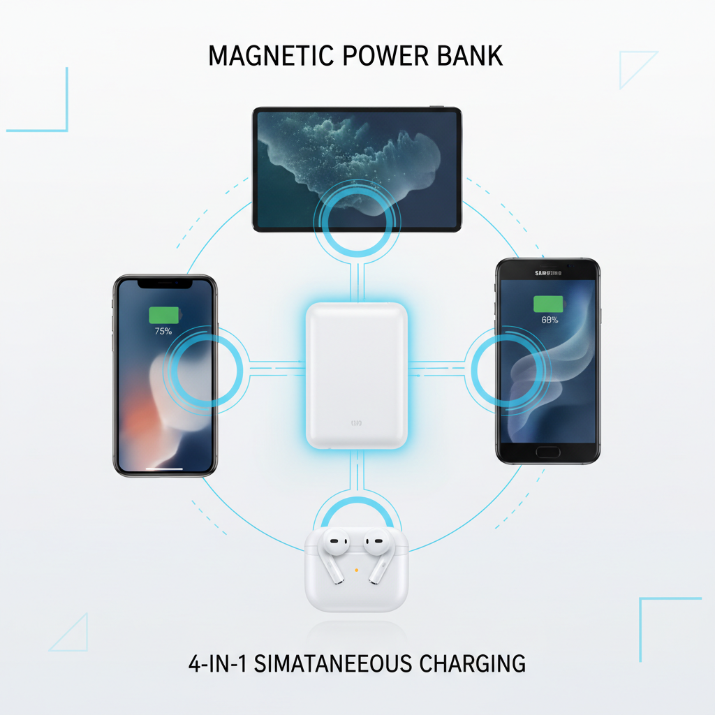Magnetic power bank charging 4 devices simultaneously