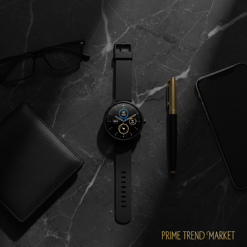 SENBONO V19 business smartwatch flatlay on dark marble with business accessories