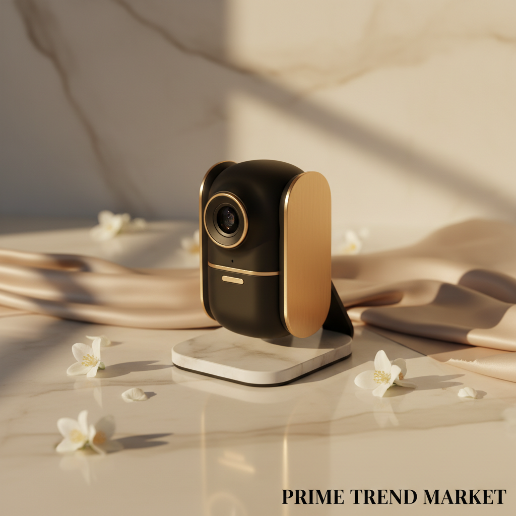 A8 HD Pet Camera on cream ivory marble with jasmine petals