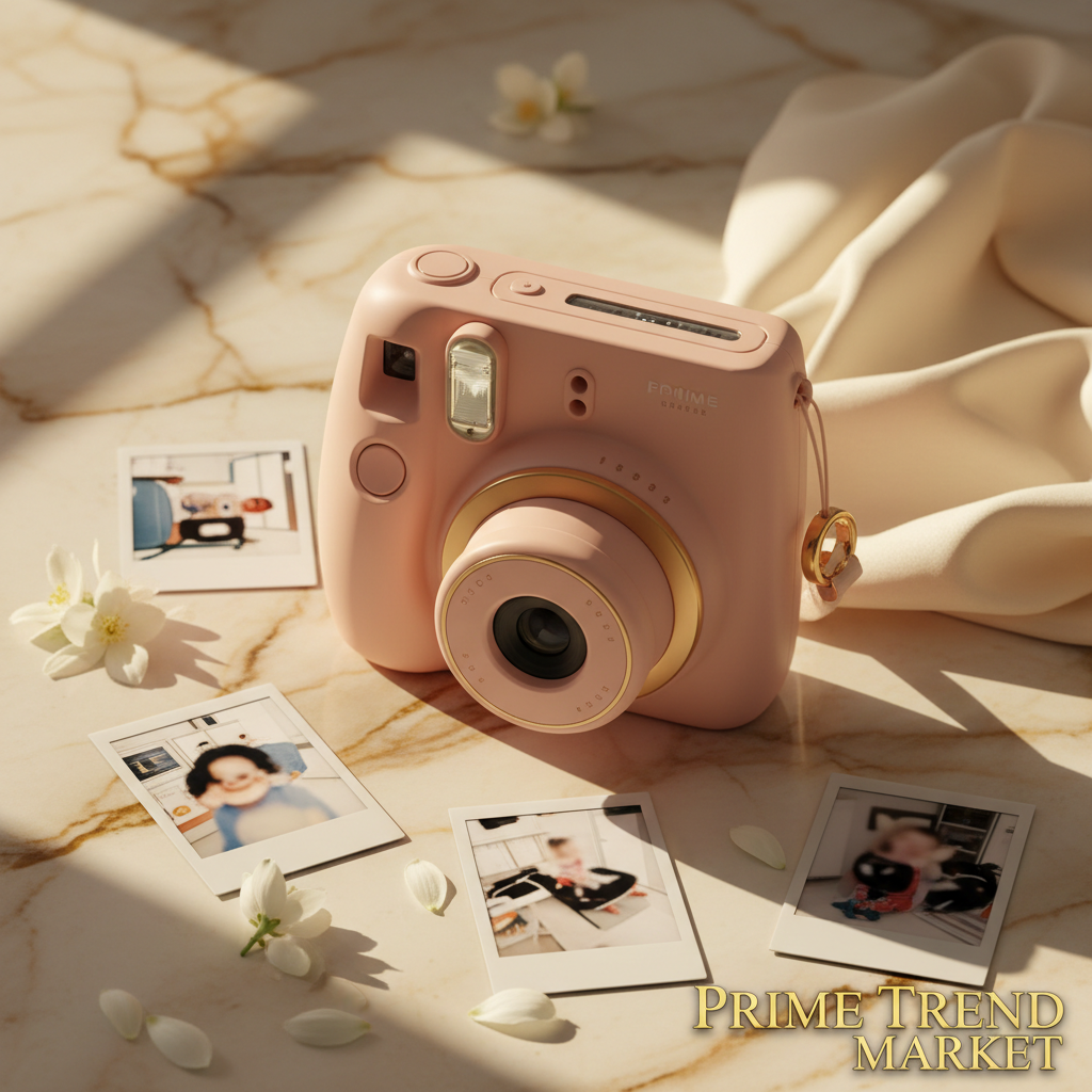 PrintSnap Kids Camera Pink on ivory marble with polaroid prints